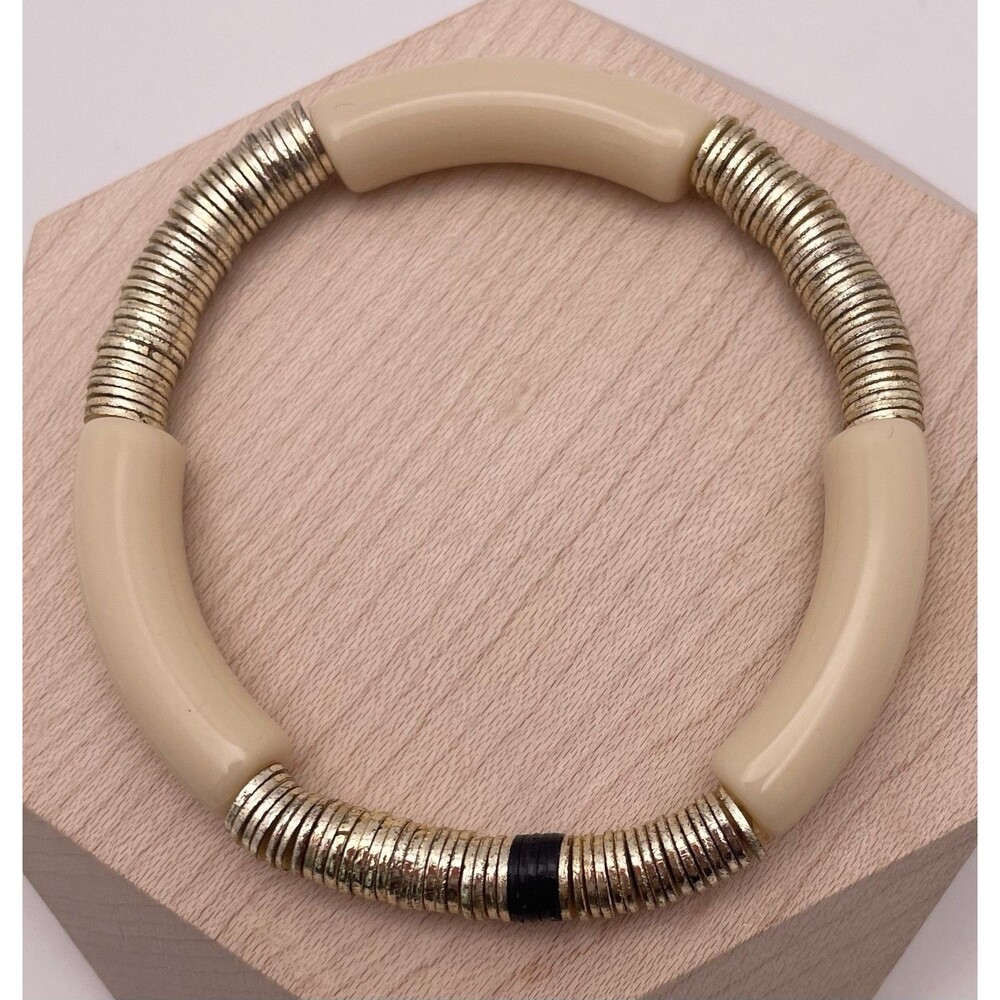 Cream Zo Beige Acrylic Gold Tone & Black Coin Stack Stretchy Bracelet